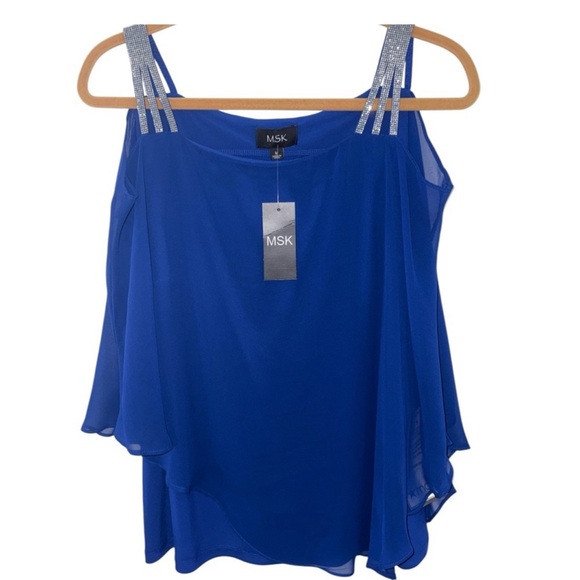 NWT MSK Chiffon Drape Rhinestone-Strap Blue Blouse Women’s Size Medium - Picture 2 of 12
